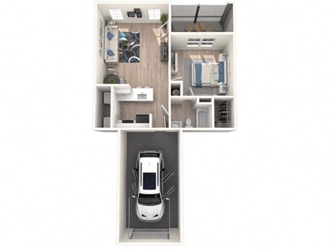 A car is parked in a garage under a floor plan of a house.
